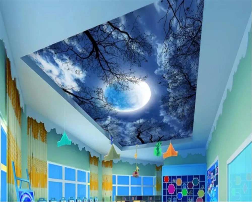 Custom wallpaper ceiling 3d beautiful moon starry sky tree forest sky zenith mural ceiling painting papel de parede 3d фотообои