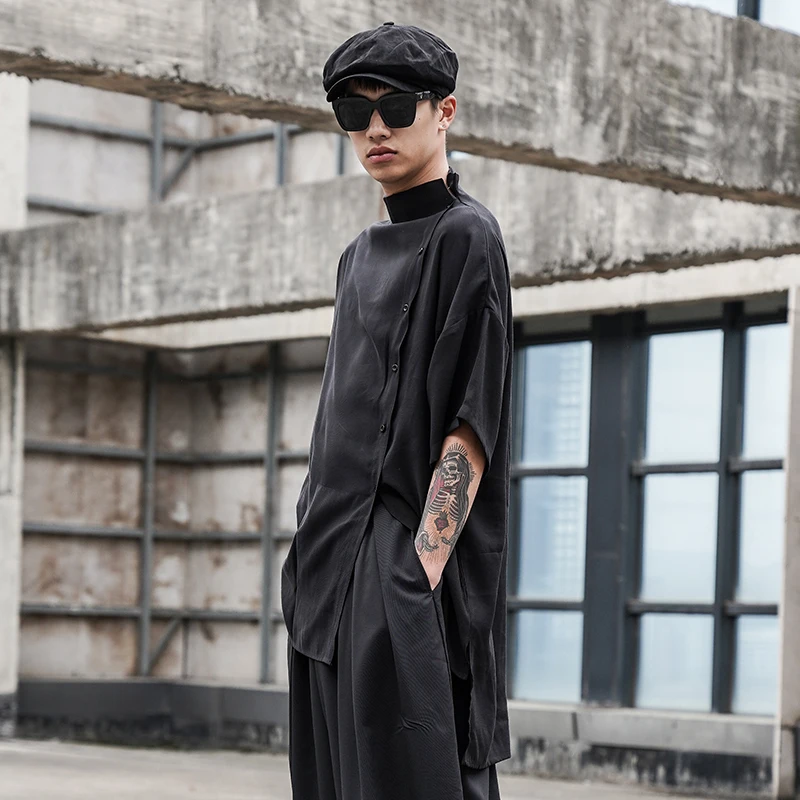 Men's New Dark Loose Personality Contracted Urban Youth Fashion Joker Leisure Stand Collar Loose Large Size Short Sleeve