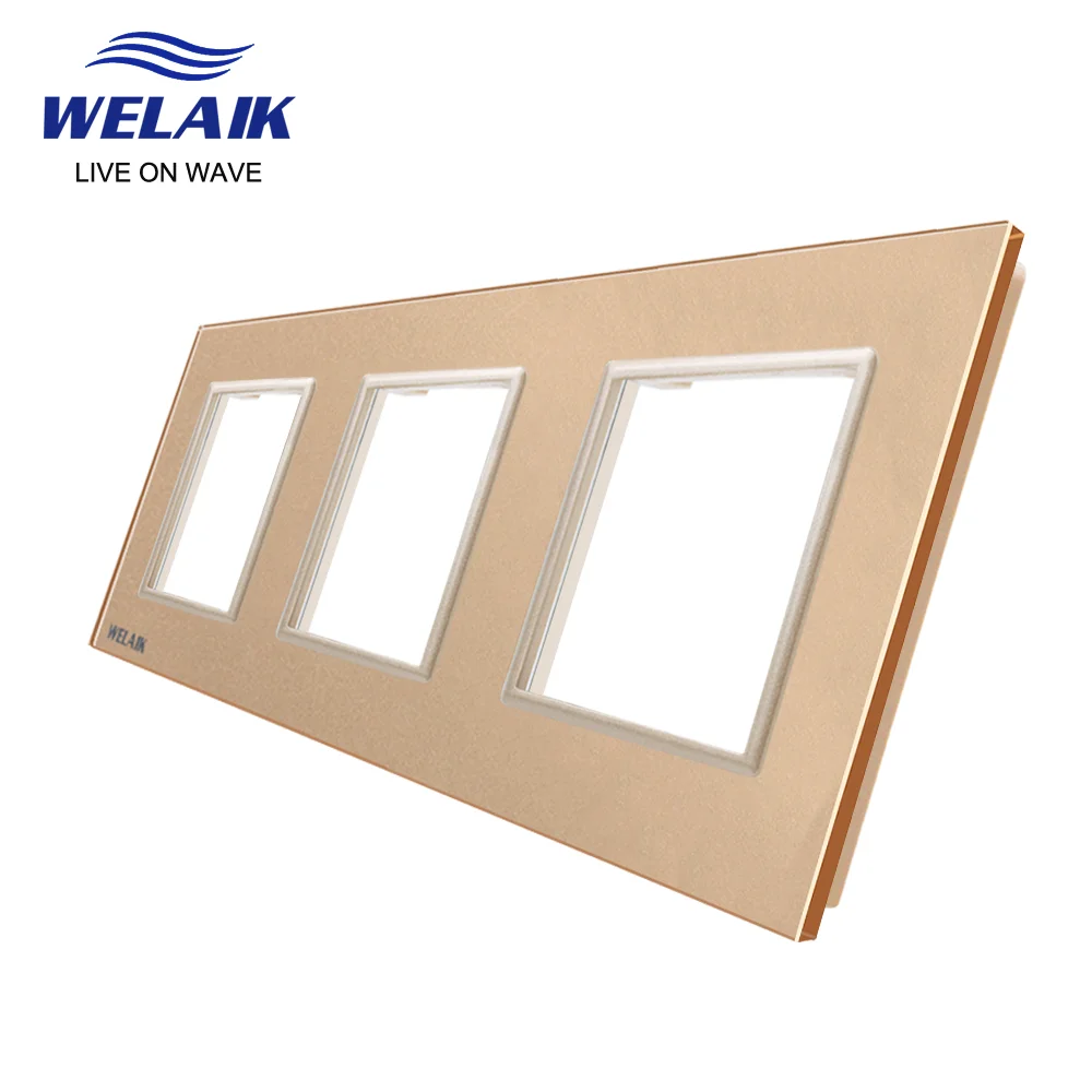 WELAIK  EU 3Frame 222*80mm White Wall Socket Outlet Square Hole Crystal Tempered Glass Panel Only DIY Parts  A3888W1