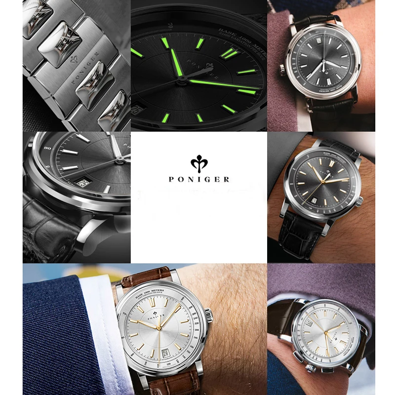 PONIGER Роскошные деловые часы из натуральной кожи с сапфировым стеклом, водонепроницаемые часы Seiko, мужские автоматические механические часы с датой