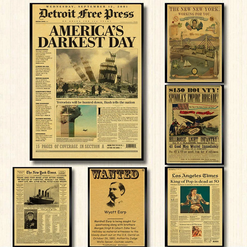 New York Times Newspaper Poster/History Time /Kraft Old Newspaper Series Kraft Brown Wall Sticker Vintage Classic Collection