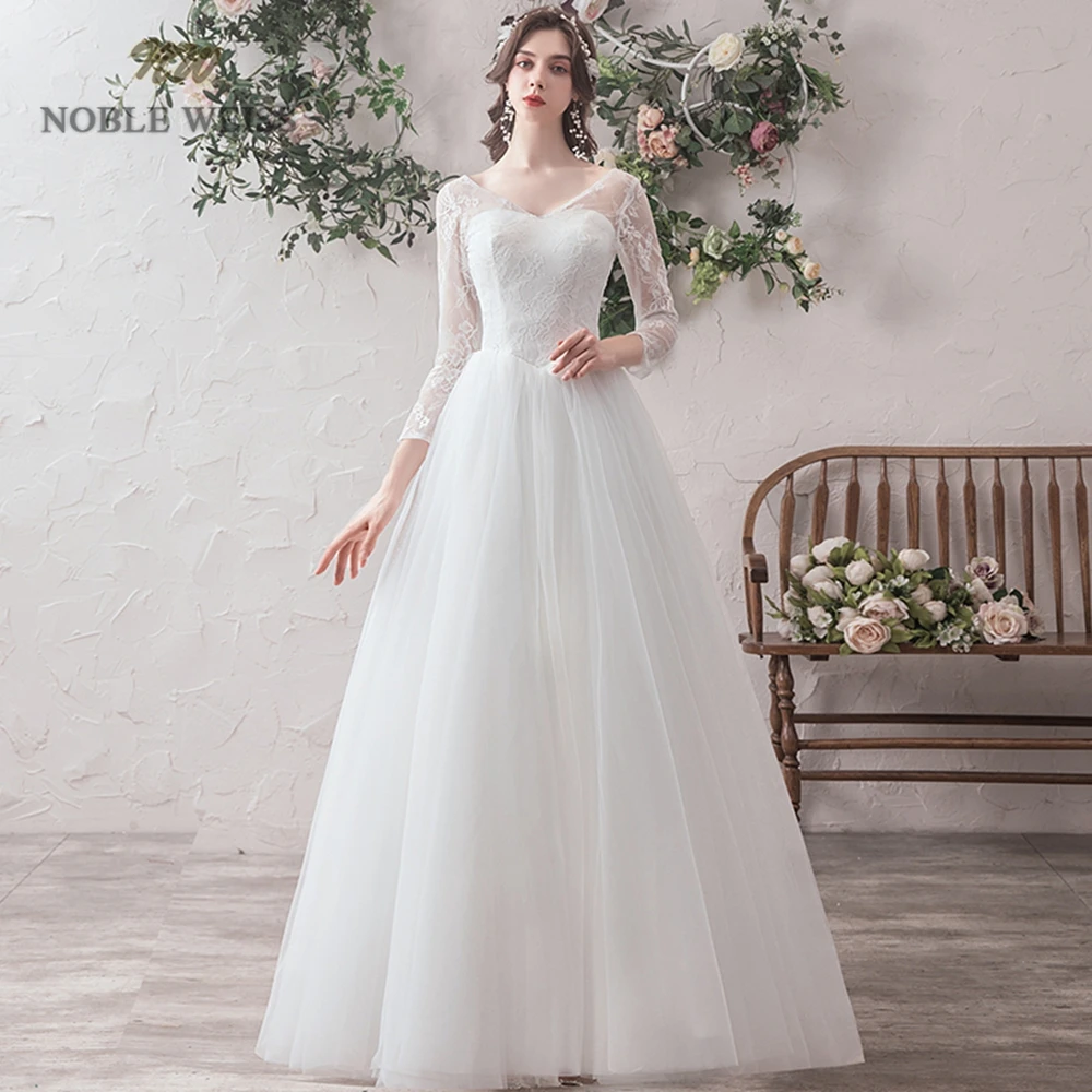 Wedding Dresses  V-neck  Lace  A-Line  Tulle Wedding Dress with Sleeves Bridal Dress  Beach Wedding Customized