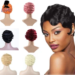 Synthetic Short Finger Wave Wig Black Pink Red Cosplay Hair High Temperture Fiber Cosplay Wigs for Black Women LUPUWIG