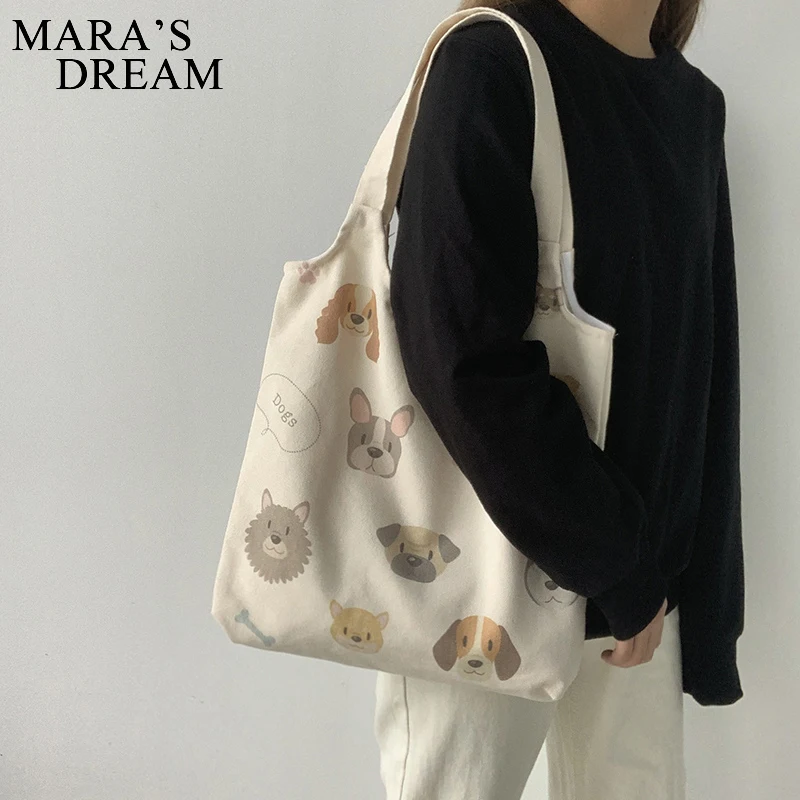 Mara\'s Dream Canvas Tote Shoulder Bags Items Cartoon Dog Cotton Cloth Shopper Bag Korean Large Fabric Eco Shopping Bag Handbags