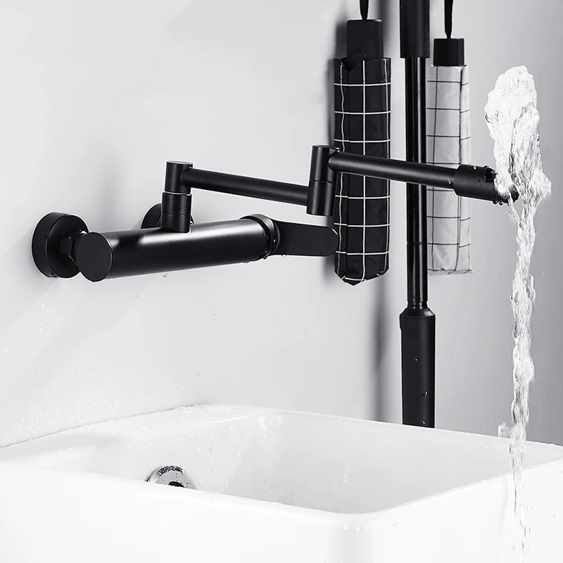 Matte Black Wall Mount Faucet Brass Kitchen Faucet Double Joint Spout Folding Stretchable Swing Arm Hot And Cold Sink tap