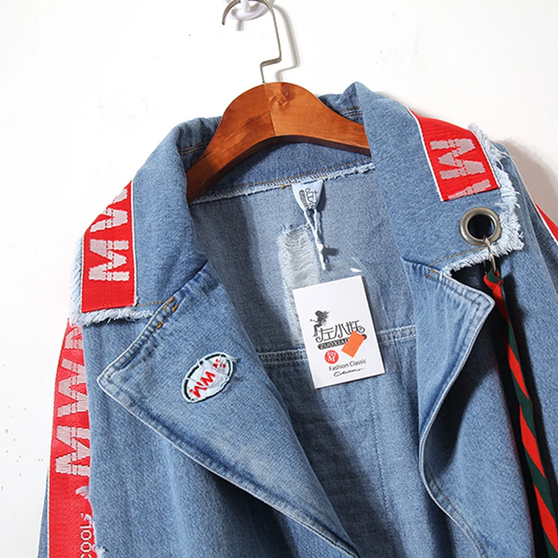 Denim Jacket Women 2023 New Harajuku Streetwear Hip Hop Letter Embroidery Ribbon Female Jeans Coat Size Chaqueta De Mujer