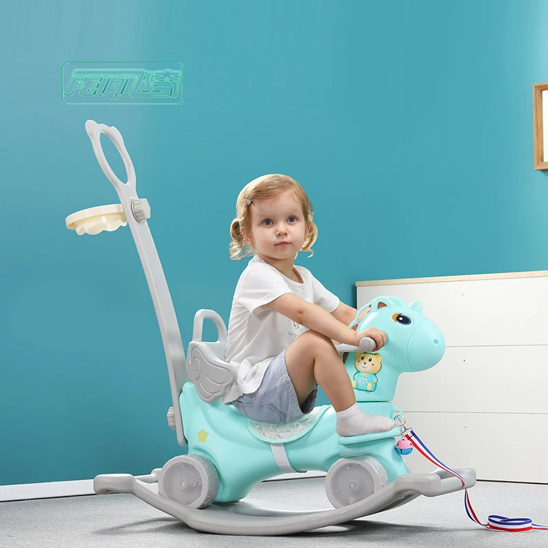 

High quality baby rotating glow musical toddler walker plastic kids unicorn cartoon rocking horse ride on animals toy