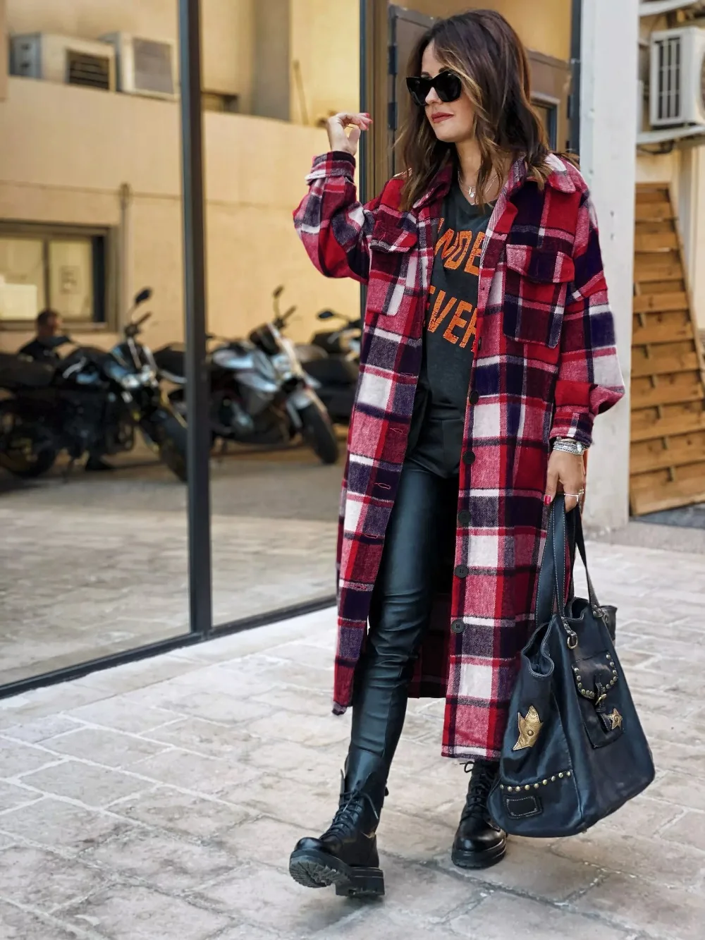 Women\'s Fashion Long Plaid Coat Autumn Shirt Coat Woolen Coat Streetwear Women Clothing Loose Coat Female Casual Jacket