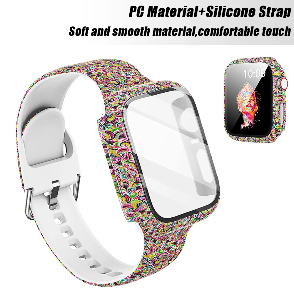 Case+Bands for Apple Watch Band 44mm 40mm 42mm 38mm with Screen Protector Cover, Glass+Silicon Wristband Strap for iwatch 654321