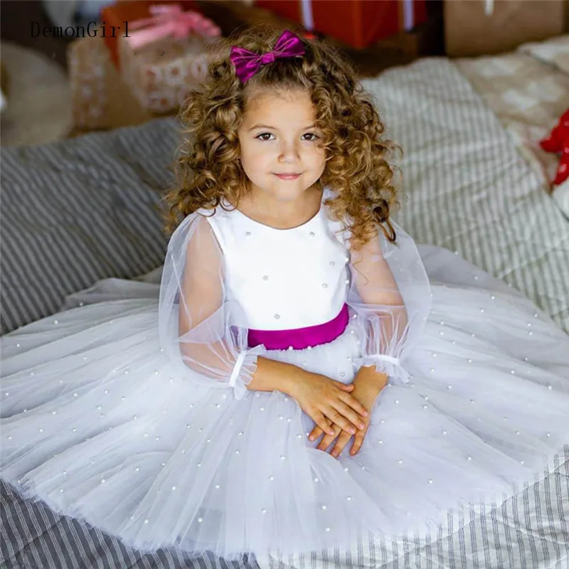 Puffy Weiße Blume Mädchen Kleider Satin Bogen Prinzessin Kinder Langarm Erstkommunion Kleider Geburtstag Kleid