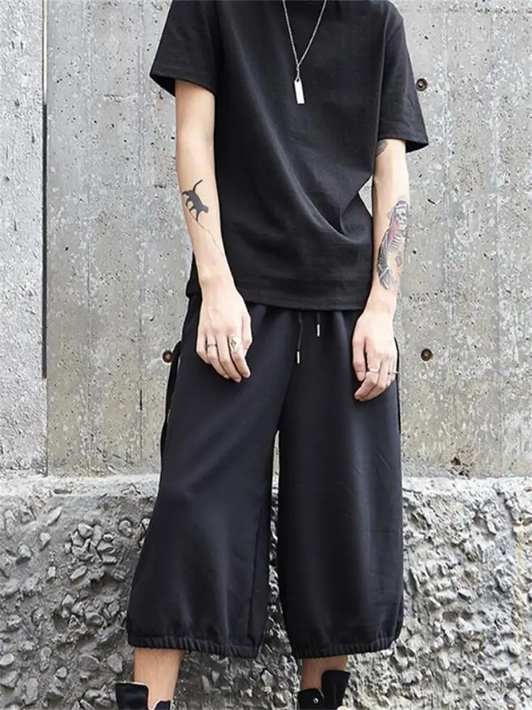 Men's Wide-Leg Pants Summer New Dark Side Seam Rope Design Men's Casual Fashion Trend Large Size Seven-Minute Pants