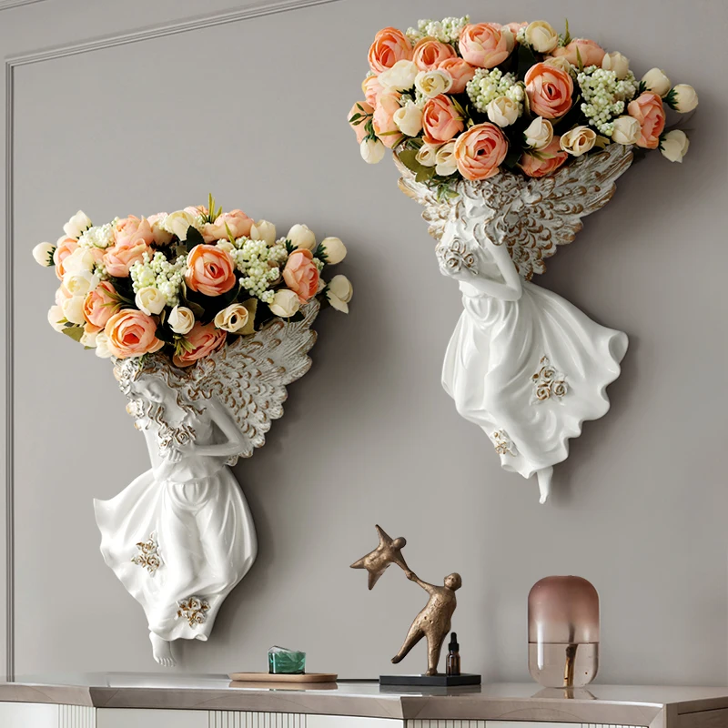 

Wall Home Decor Vase Nordic Set Of 2 Angel Girl Dried Flower Vase Flower Arrangement Living Room Corridor Wall Hanging