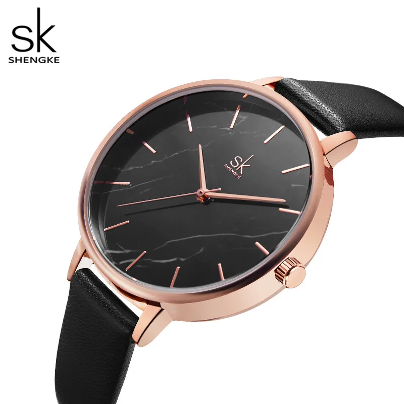 Shengke New Fashion Black Marble Dial Watch For Women Leather Relogio Feminino Quartz Thin Casual Strap Watch Reloj Mujer