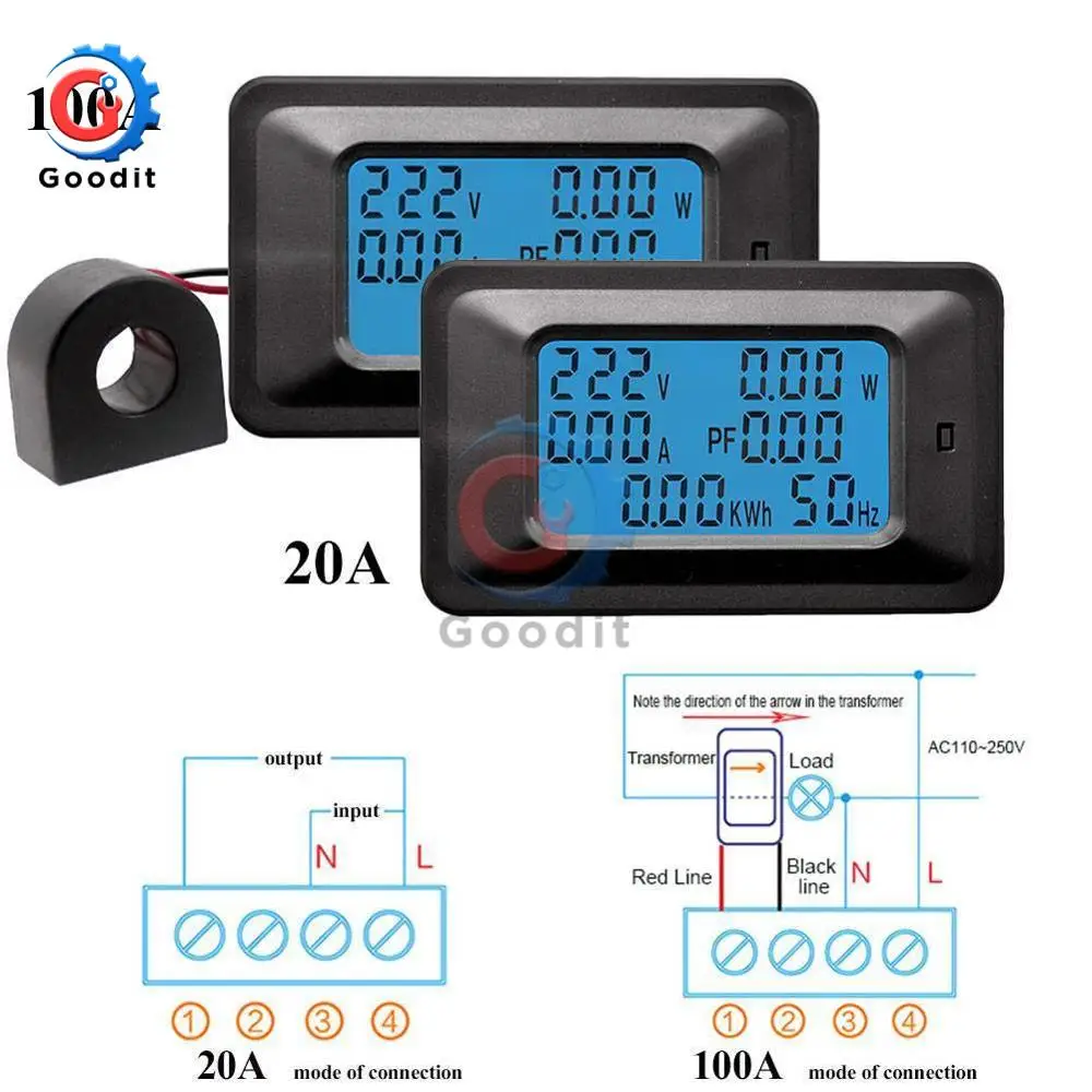 Multimeter Display Digital Current Voltmeter AC 80V-250V100A 20A  LCD Digital Display Current Voltage power Voltmeter Ammeter