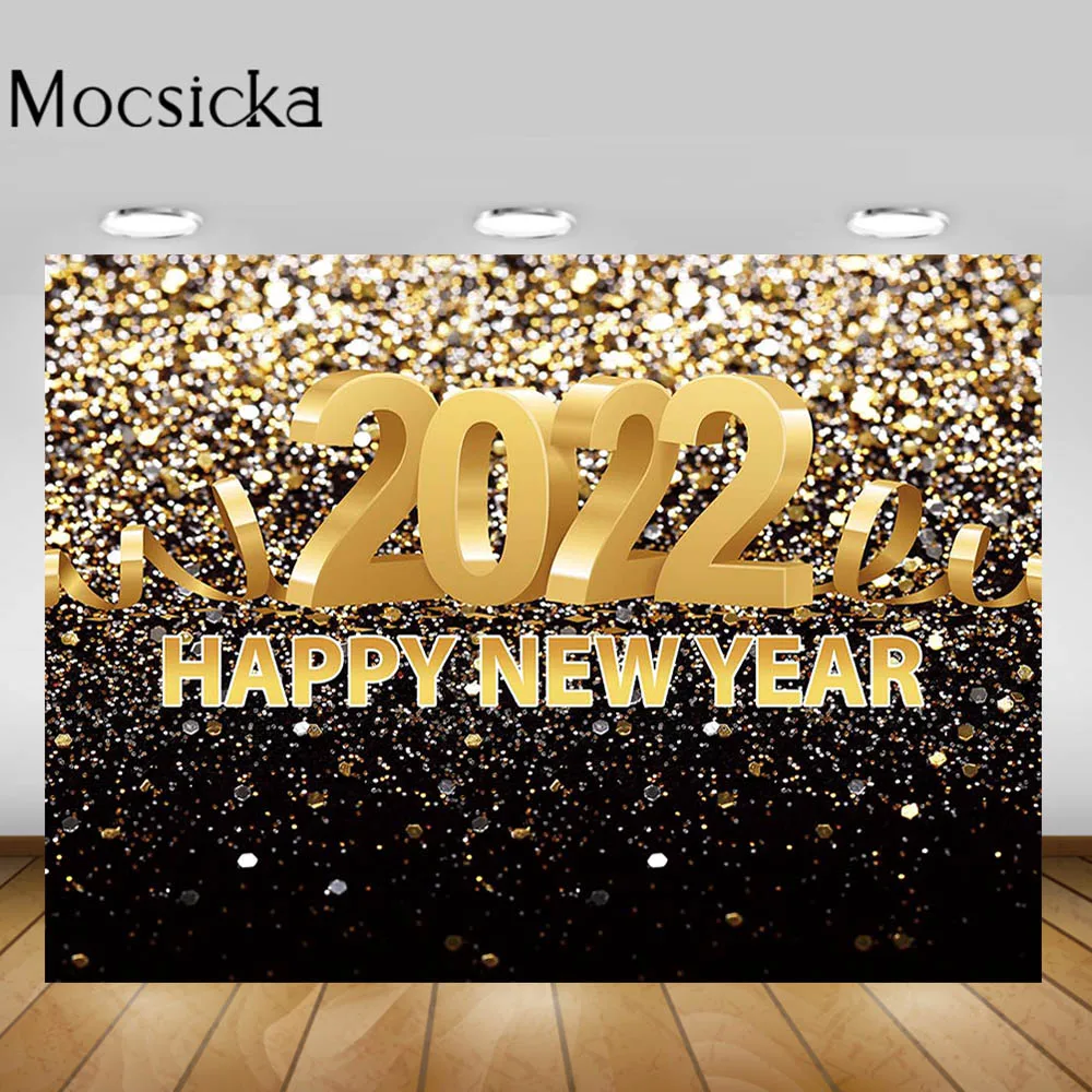 Moclicka latar belakang fotografi Tahun Baru, bahan berkilau emas Bokeh merayakan 2022 latar belakang foto untuk Studio foto panggilan foto Prop
