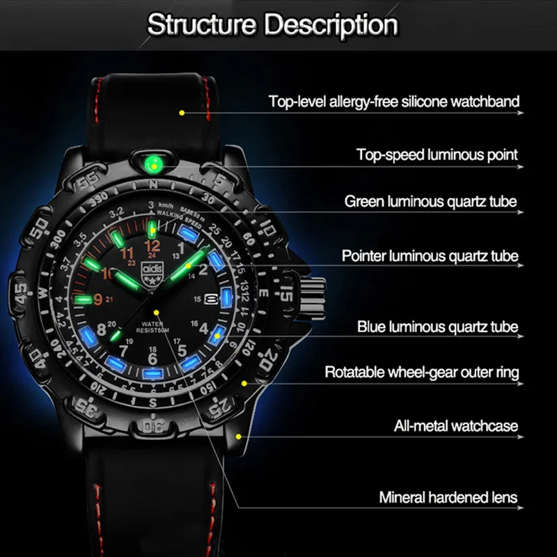 Addies Men\'s Watch Silicone Strap 50m Waterproof Military Sports Quartz Watch 45mm Rotating Bezel Alloy Case Tube Luminous Watch