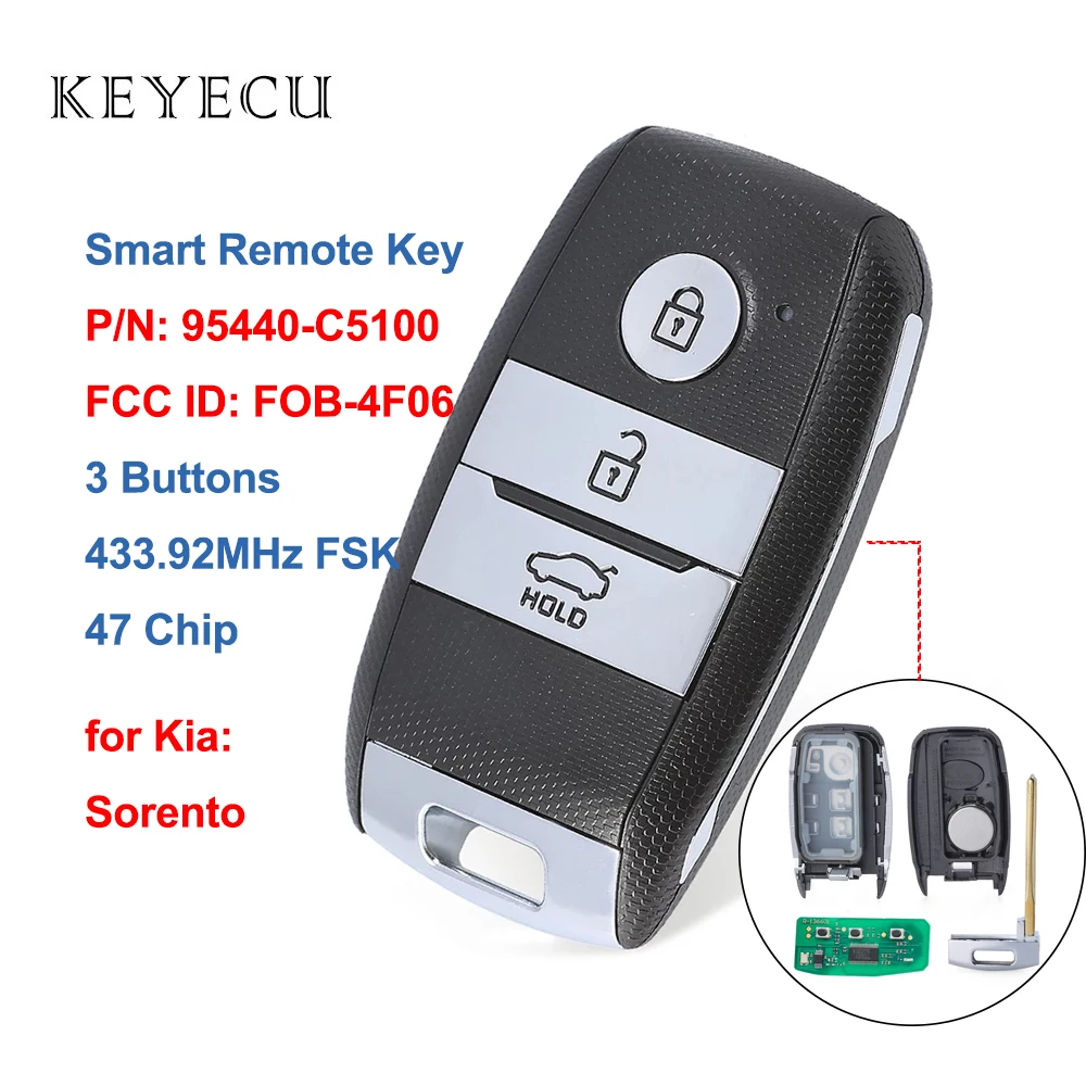 Keyecu 95440-C5100 Keyless Smart Remote Key Fob 3 Buttons 433MHz ID47 Chip for Kia Sorento 2015 2016 2017 FCC ID: FOB-4F06