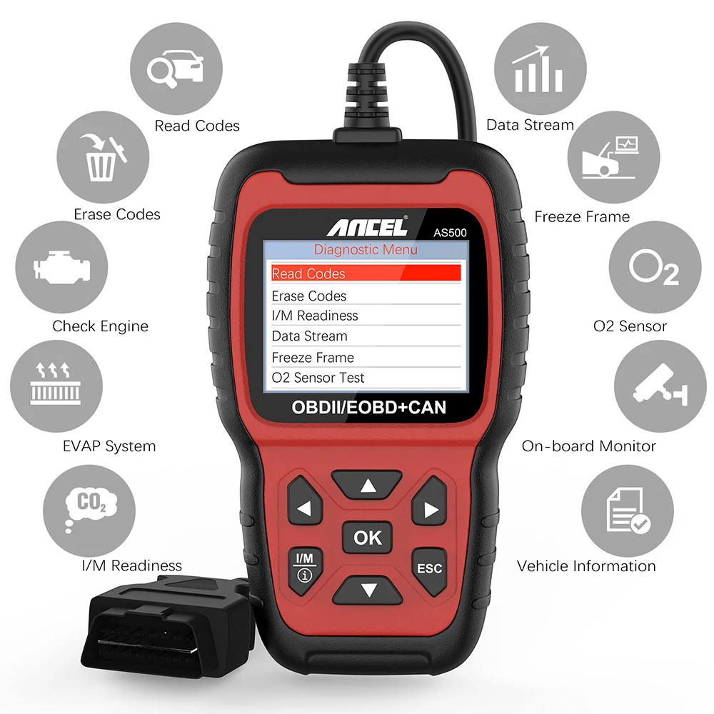 ANCEL AS500 Automotive Code Reader Turn Off MIL Live Data Stream EOBD Diagnostic Tool OBD Auto Scanner Multilingual Free Update