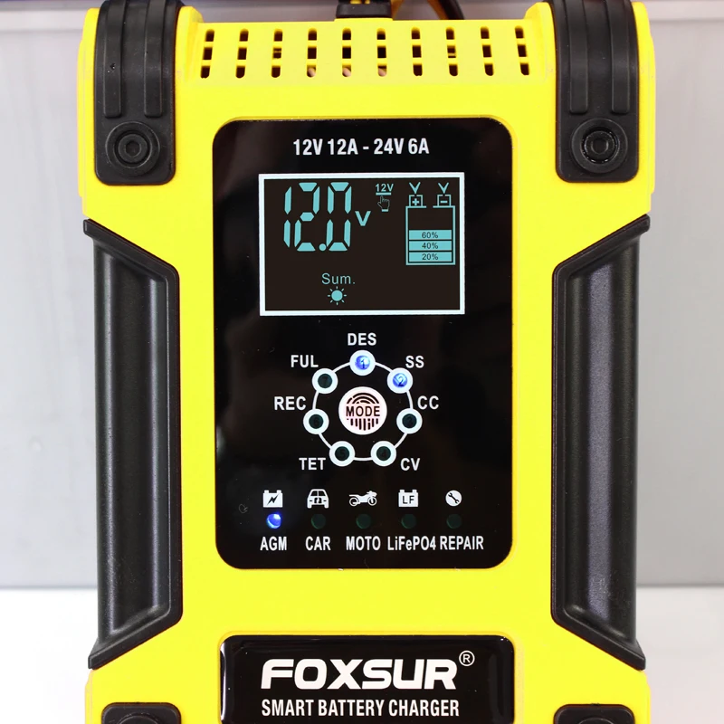 FOXSUR New 12V24V 12A Touch Screen Pulse Repair Car battery charger ,LCD display battery charger Input voltage: 100-240V AC