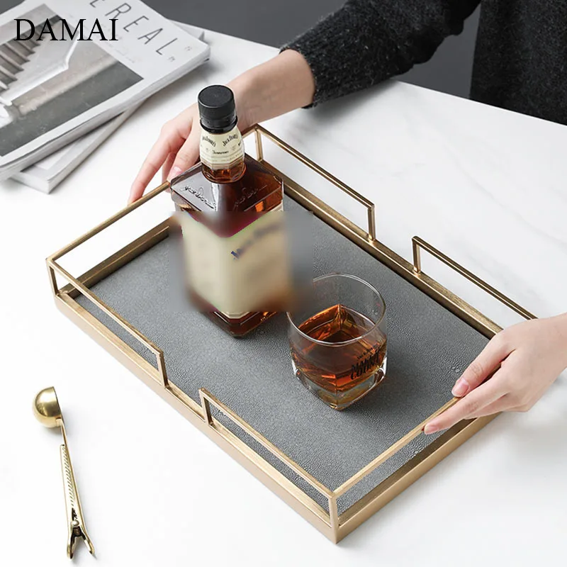 

Nordic Simple Leather Trays Decorative Bar Wine Set Serving Tray Iron Frame Handle Teacup Tea Set Storage Plates Home Decoration