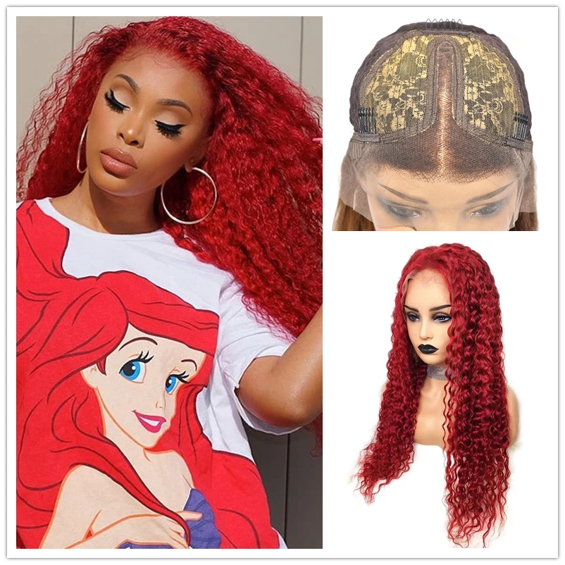 

Red Color T Part Lace Human Hair Wig Remy Brazilian Curly Hair Ombre 13X1 Lace Wig For Black Women Pre Plucked Nabeauty 150%