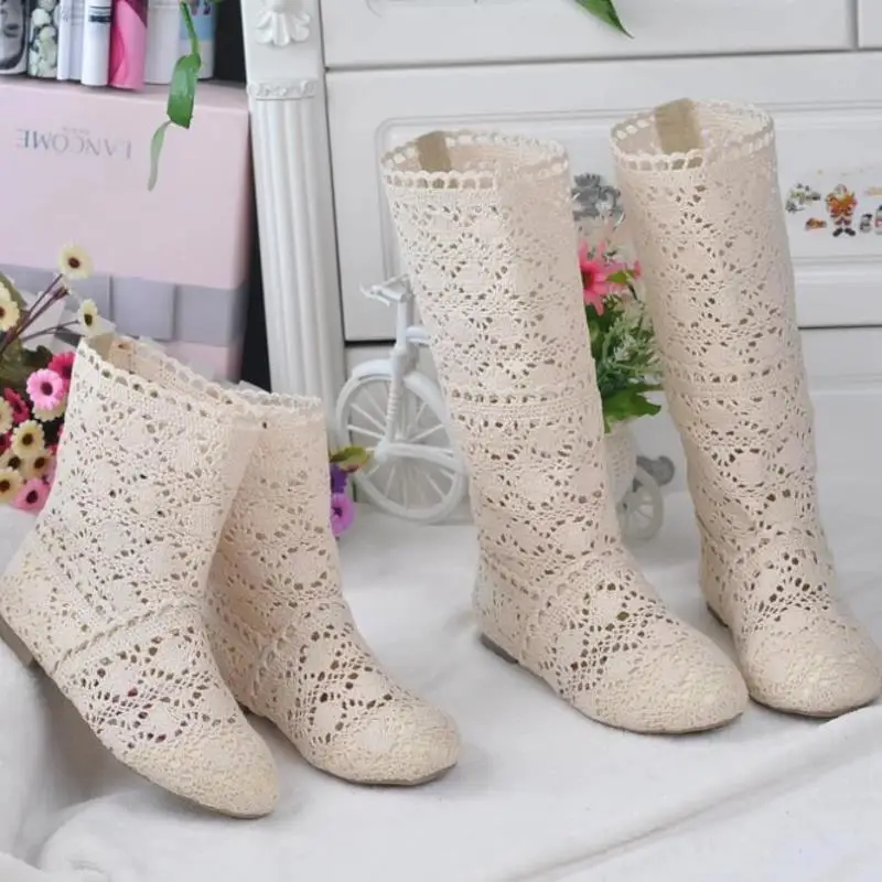 

Women's Spring High Boots Wool Hollow Boots Fashion Luxury Brand Summer White Lace Boots Ladies Hollow Flat Casual Shoes