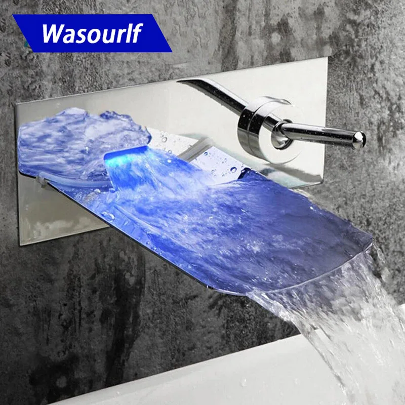 

WASOURLF Bathroom Waterfall Water Faucet Basin Mixer Hot And Cold Tap LED Brass Modern Design High Quality Copper