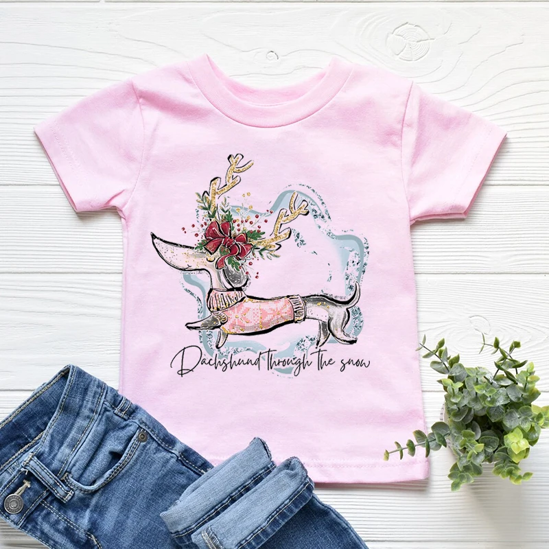 

Cute Unicorn Antler Dog Christmas T-Shirt Pocket Unicorn T Shirt Kids Clothes Boys Girls Tshirt Short Sleeve T-Shirts 90s Tops