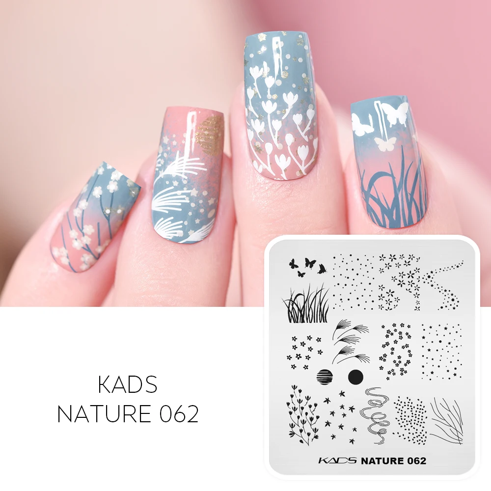 KADS Nail Art Stamp Plate Nature 062 Moonlight Flower Nail Stamping Plate Template Image Plate Stars Dots Grass Butterfly Leaves