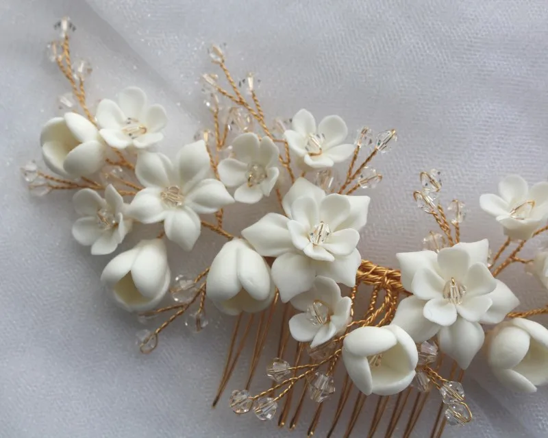 White Ceramic Flower Hair Comb Bridal Crown Pearls Jewelry Handmade Wedding Headpiece Fashion Women Hairpiece