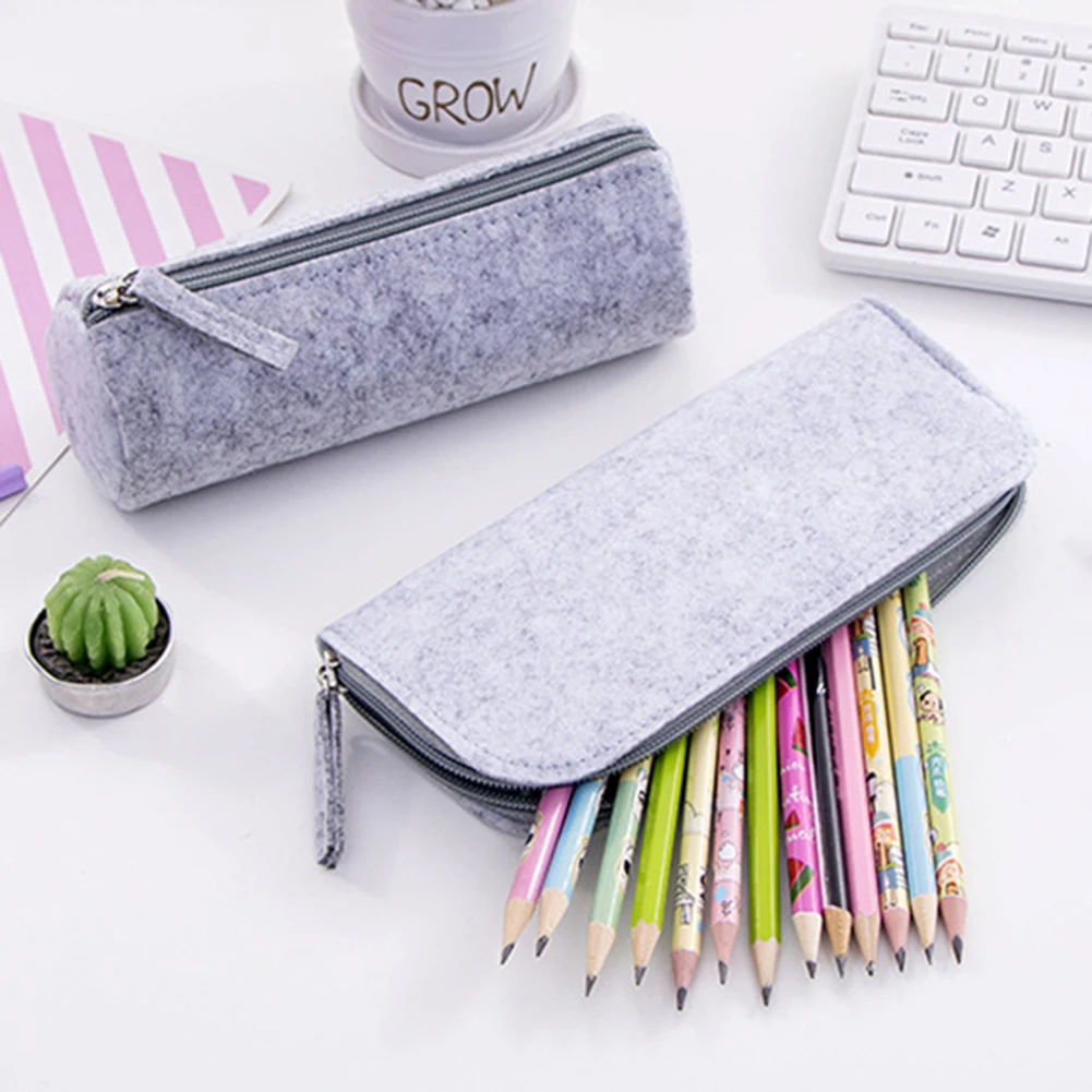 Round/Flat Large Capacity Zipper Felt Cute Pencil Case Student Stationery Storage Kawaii Pen Bag Pencil Case For Girls