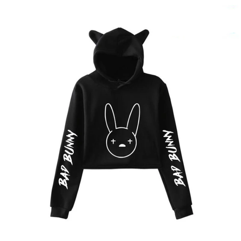 

Rapper Hip Hop Bad Bunny Crop Top Hoodie Long Sleeve Harajuku Cropped Sweatshirt Kawaii Cat Ear Pullover Women Tops Streetwear