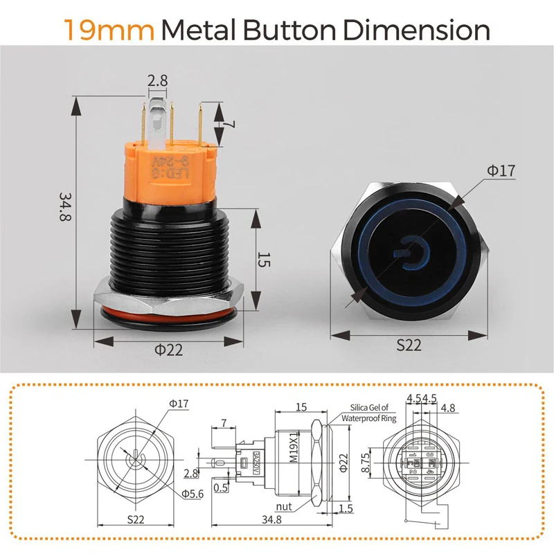 Lanboo 19mm 1NO1NC flat head on-off SPST Metal Black Aluminum finished push button switch with LED