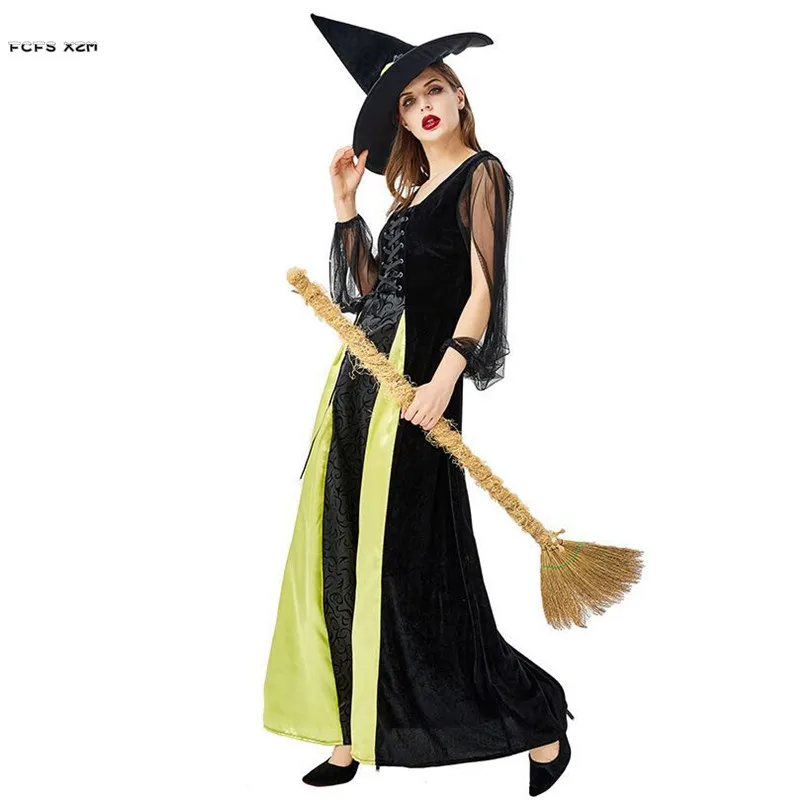 M-XXL Black And Green Women Halloween Witch Costumes Female Sorceress Cosplay Carnival Purim Parade Stage Role Play Party Dress