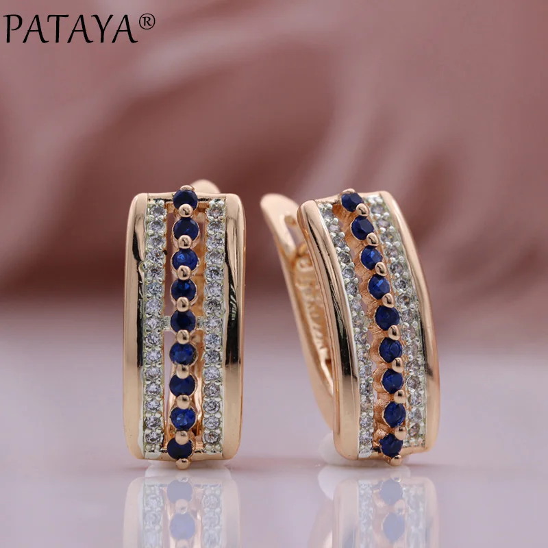 PATAYA New Square Blue Single Row Natural Zircon Unique Earrings 585 Rose Gold Color Drop Earrings Women Wedding Fashion Jewelry