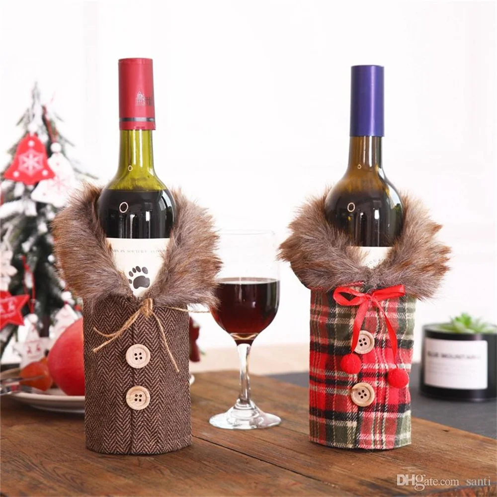 10pcs/lot Christmas Wine Bottle Cover Party Ornament Mini Plaid Coat Sweater Wine Bottle Bags Xmas New Year Dinner