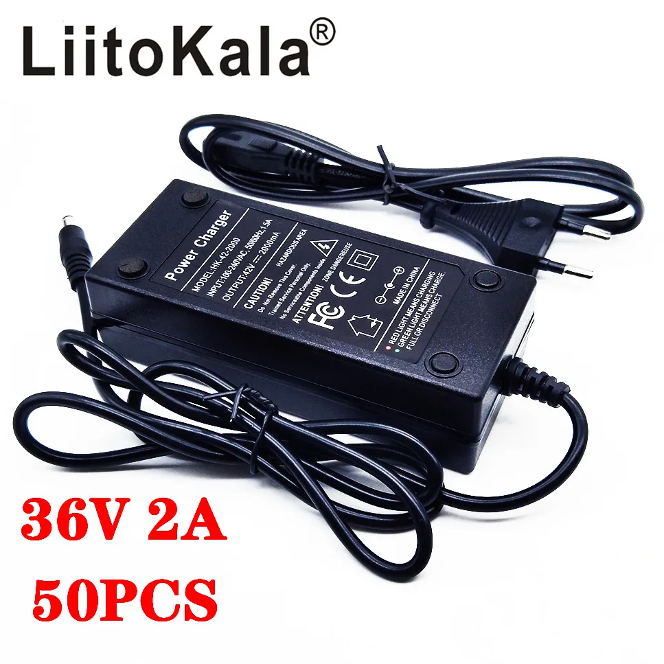 50pcs LiitoKala 36V 2A 18650 charger Output 42V 2A Charger Input Lithium Li-ion Li-poly Charger For 10Series 36V Electric Bike