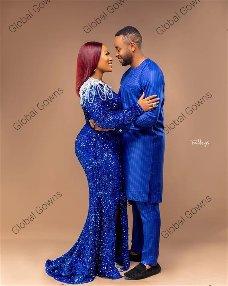 Aso Ebi African Royal Blue Sequined Evening Dresses For Black Girls Appliques Beaded Birthday Party Dress Side Slit Customized