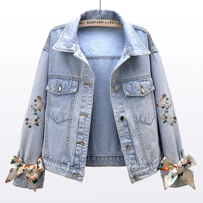 

Embroidery Flowers Denim Jacket Women Streetwear 2024 Spring New Loose Korean Outerwear Bow Long Sleeve Jeans Jacket Coat Female