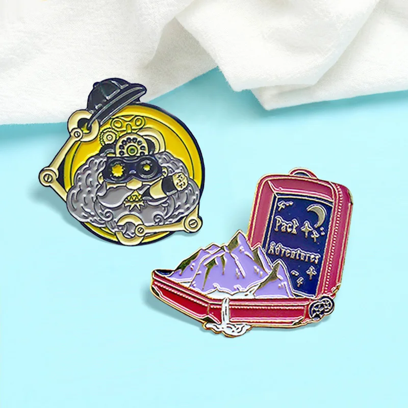 Field Camping Brooches Yellow Robot Red Suitcase Enamel Pin Outdoors Mountains Rivers Lapel Badge Jewelry Gift Friend Wholesale