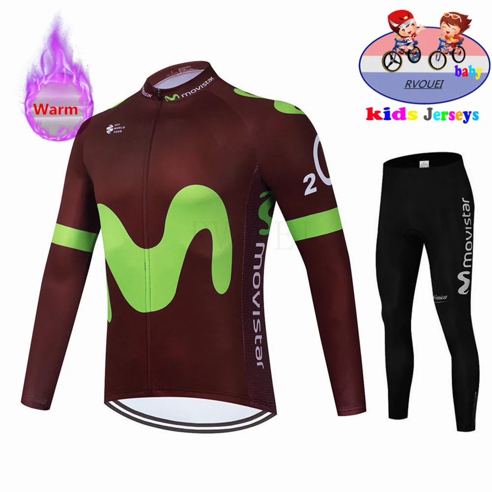 Kids Winter Cycling Clothing Boy Thermal Fleece Cycling Bike Jersey Long Sleeves Sets Children Cycling Clothing Suit Movistar