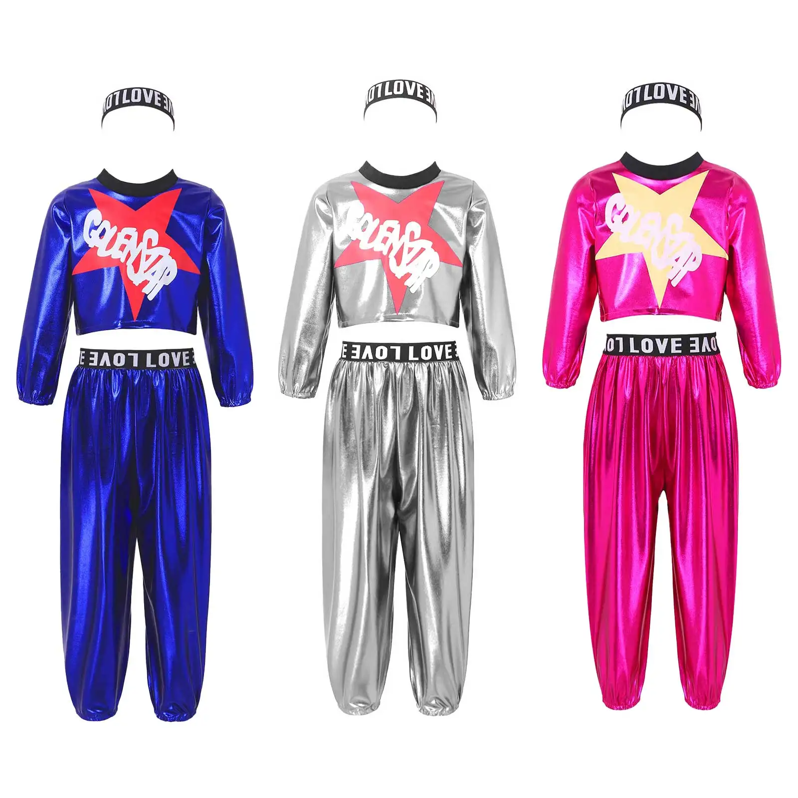 Kids Girls Jazz Dance Costumes Hip Hop Dance Clothing Shiny Metallic Star Pattern Ballroom Dancing Shelf Drum Performance Outfit