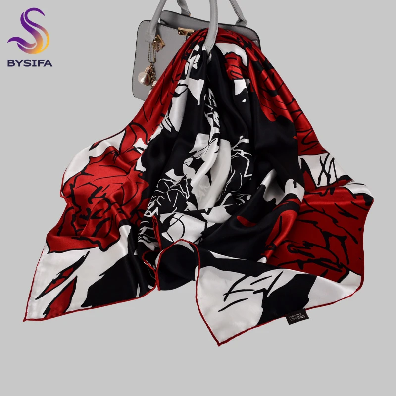 

BYSIFA|100% Pure Silk Scarf Shawl Fashion Elegant Roses Design Large Square Scarves Wraps 106*106cm Spring Fall Neck Scarf Hijab