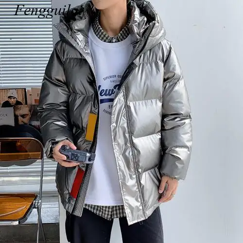 Silver Shiny Men\'s Winter Coat Fashion Hooded Warm Thicken Blue Cotton Padded Puffer Jacket Men 2020 New Parka