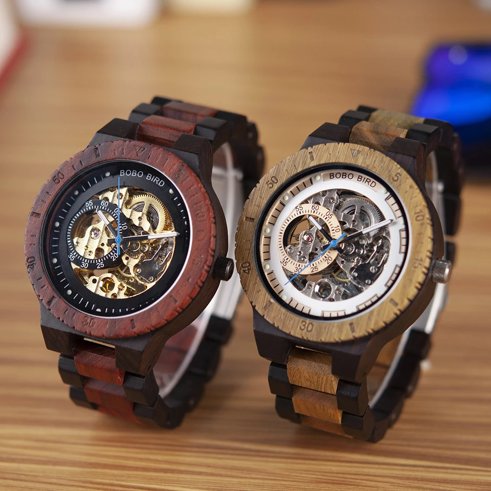 BOBO VOGEL Holz Mechanische Uhr Männer Luxus Automatische Armbanduhr Reloj Mecanico Leucht Zeitmesser Individuelles Logo Großes Geschenk Box