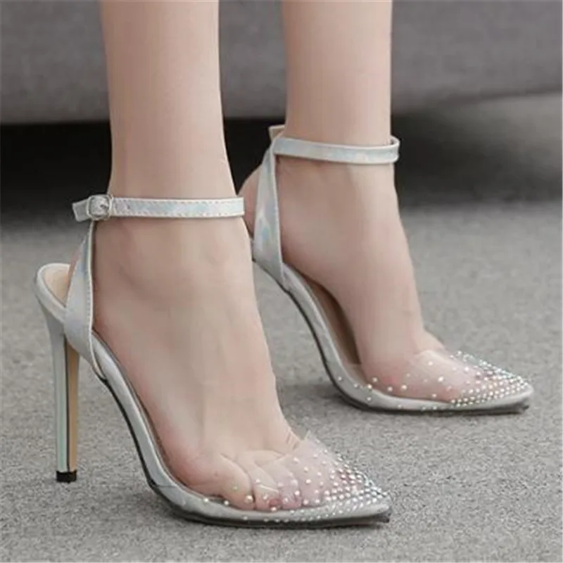 

Brand Women Sandals Summer Shoes Pointed Toe PVC 11CM Thin Heels High heels Buckle Strap Rhinestones Bling women shoes size35-42