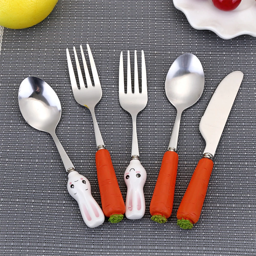 1pc Cute Carrot Rabbit Handle Cutlery Kids Feed Baby Spoon Flatware Stainless Steel Baby Fedding Utensils Plug Handle Tableware