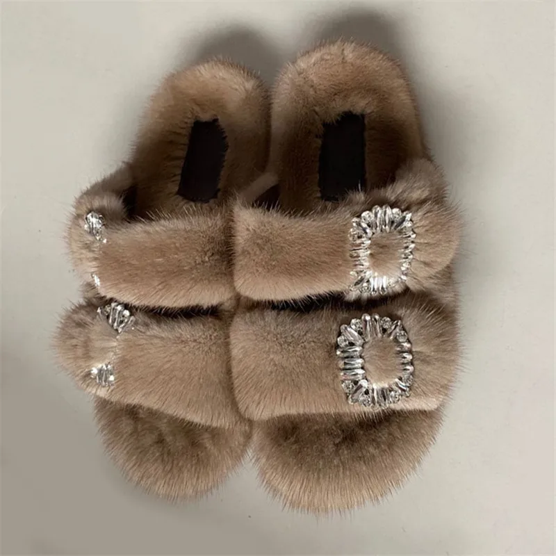 Winter Fur Real Mink Slippers Women Slippers For Women 2022 Flat Warm Soft Indoor Fur Slippers Luxury Designer Female Shoes