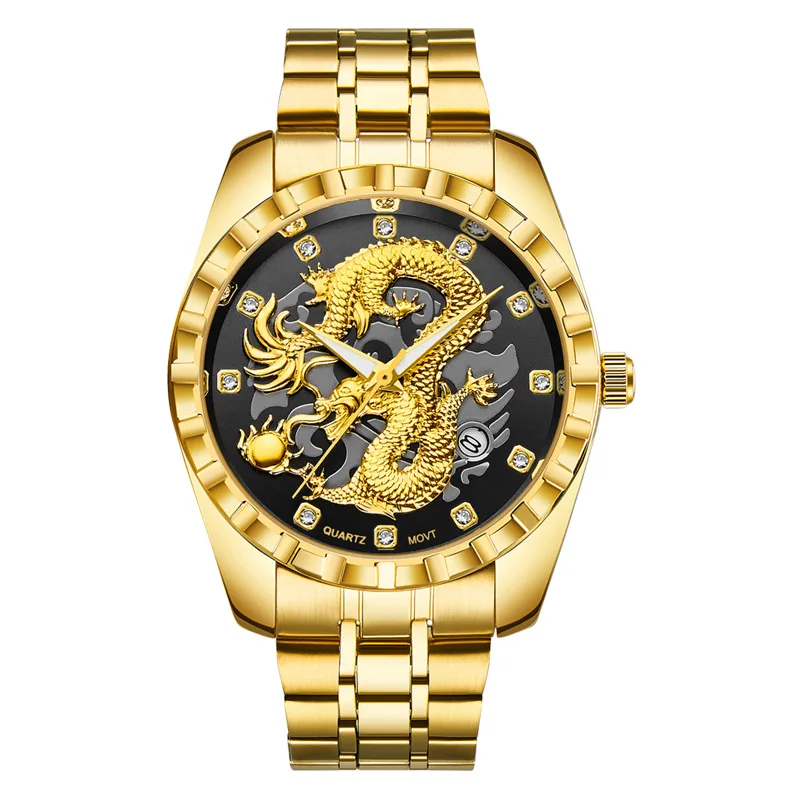 Fashion WLISTH Top Brand Watch Men Embossed Hollow Dragon Wristwatch Men\'s Full Stainless Steel Gold Quartz Male Clock Erkek Kol