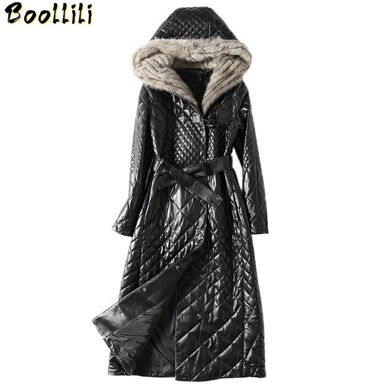 Genuine Leather Boollili Jacket Sheepskin Coat Women Clothes 2023 New Mink Fur Collar Hooded Coat Winter Coat Women